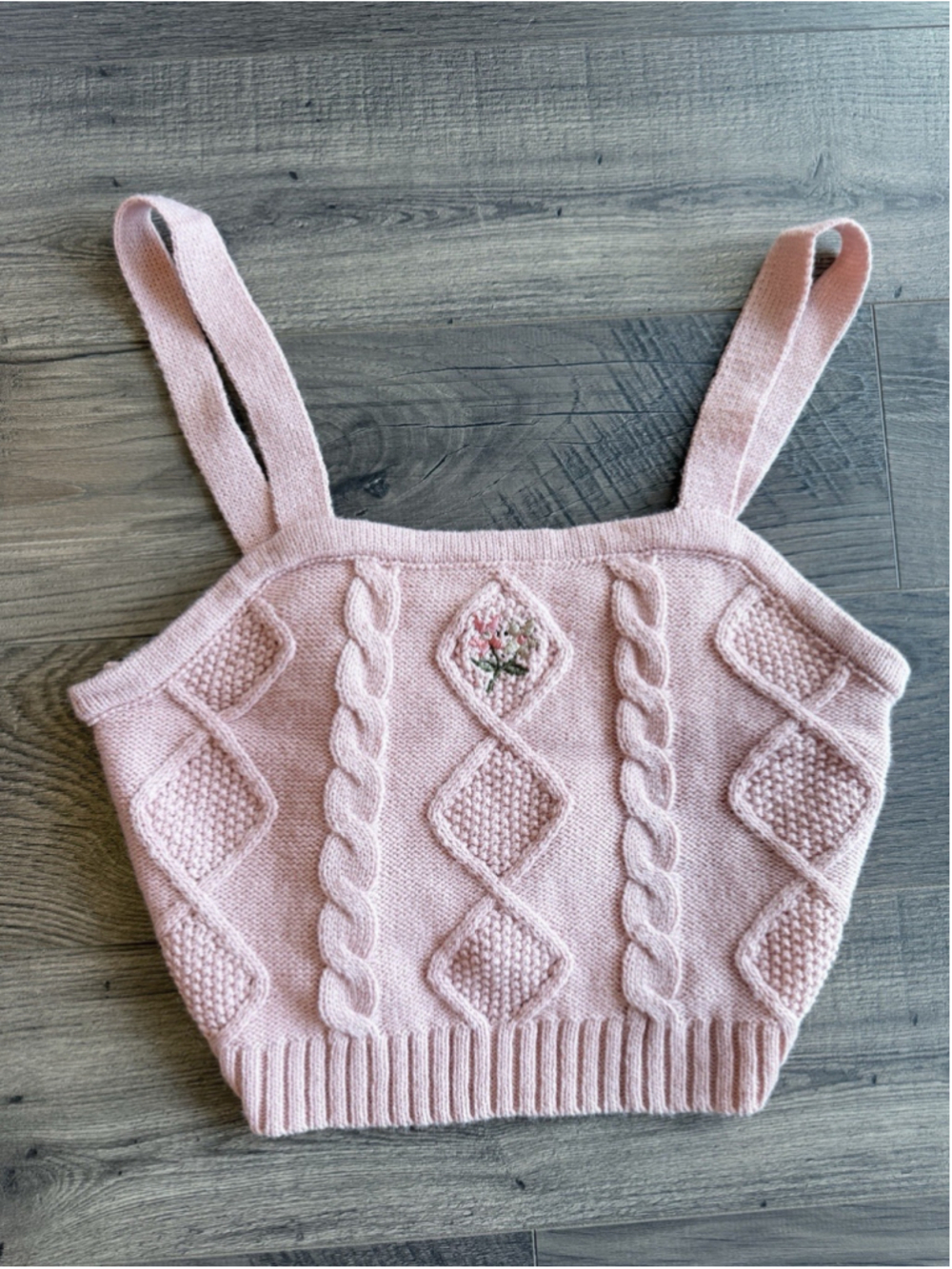 Pink Cable Knit Embroidered Floral Crop Tank S Garden Cottagecore Boho Grandma